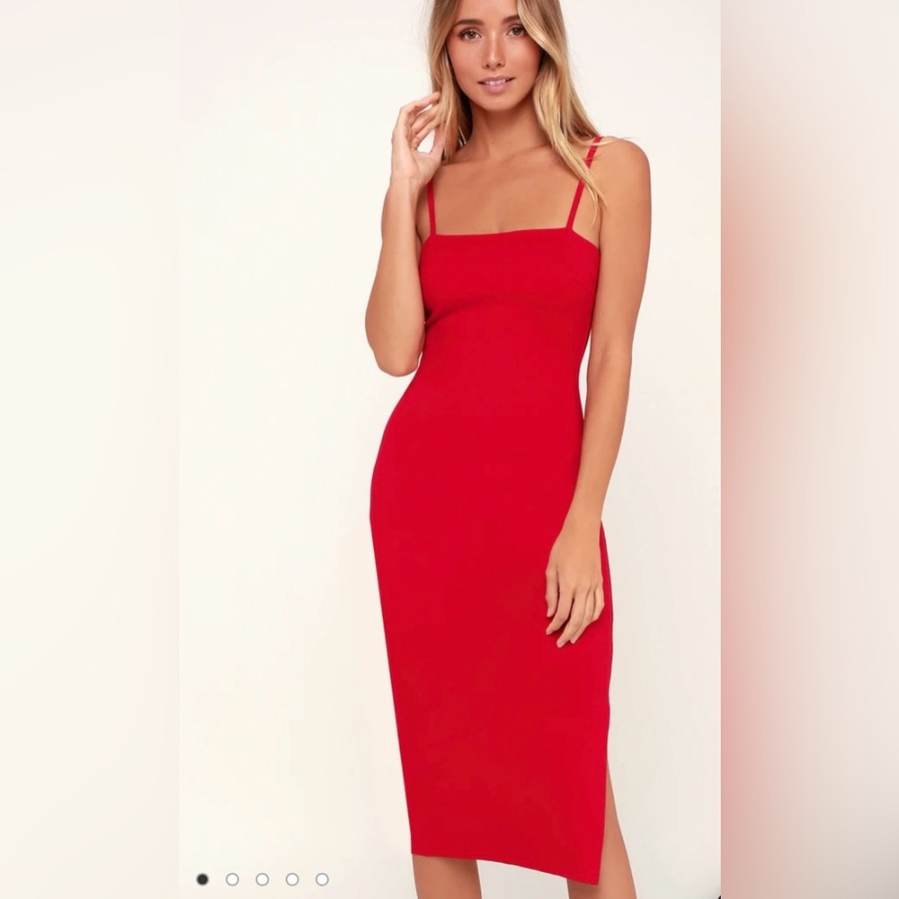 Lulu's Red Bodycon Midi Dress with Spaghetti Straps